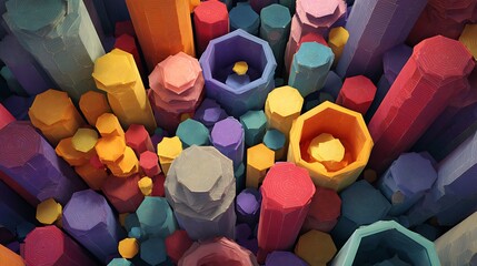 Colorful 3d rendered tokens or coins rising through dark background, vibrant multicolored cylindrical objects, abstract financial or gaming concept