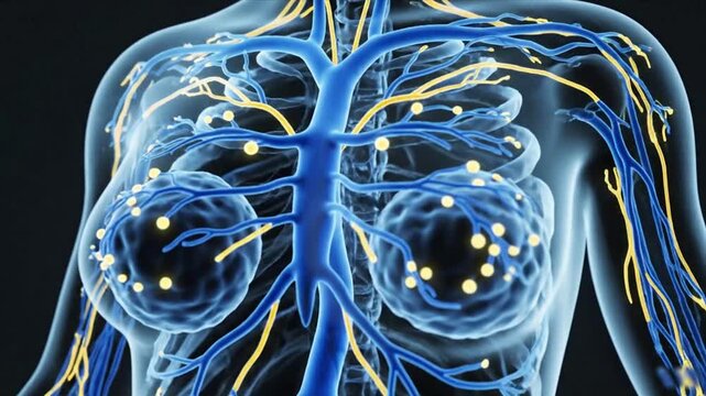 Human breast anatomy with lymphatic system medical illustration showing lymph nodes vessels healthcare science biology concept
