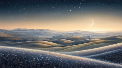 Rolling hills covered in shimmering silver grass under a pale crescent moon