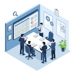 Business meeting in a modern office, team discussing strategy on a large screen