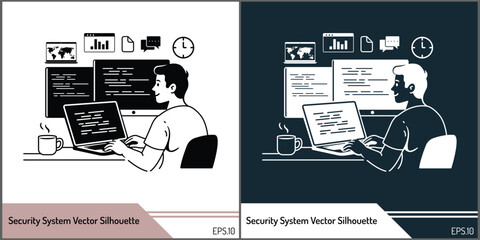 Cyber Security Analyst Working on Computer Security System Vector Illustration