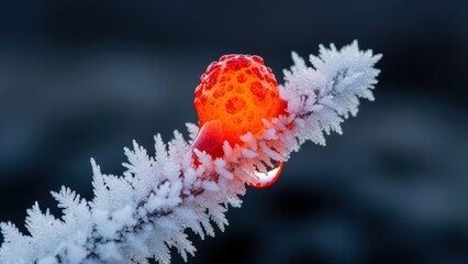 Vibrant red berry on frosty branch in winter landscape