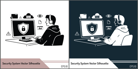Cyber Security Protection and Data Privacy Concept Vector Silhouette Illustration