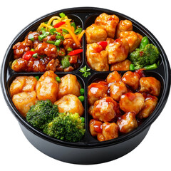 Asian bento box with chicken and vegetables, isolated on transparent background