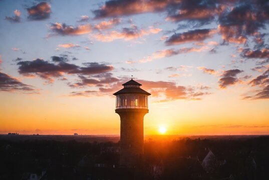 Old brick water tower silhouetted against a vibrant sunset sky with clouds