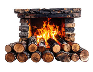 A stone fireplace with a roaring fire and stacked logs in front of a transparent backdrop