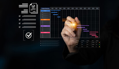 A project management dashboard for business. The interface features a Gantt chart to visualize the...