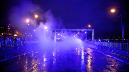 Fototapeta premium Wet pavement glows under dramatic blue illumination and stage smoke during an outdoor night event