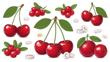Cherries with Leaves and Pills in Vibrant Red Color on White Background for Health Supplement