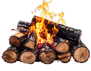 A vibrant bonfire is comprised of logs and bright flames, with a transparent background