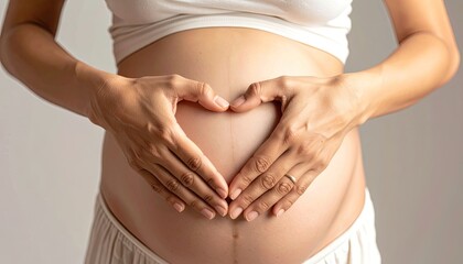 Pregnant woman forms a heart shape over her belly with her hands.