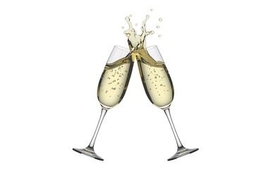 Two champagne glasses clinking with a splash of sparkling wine or prosecco, isolated on white background. Realistic 3D illustration for celebration, wedding, New Year, and luxury party concept.