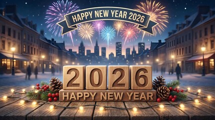 Wooden year numbers 2026 on table with city fireworks and night skyline for New Year's Eve celebration greeting card.