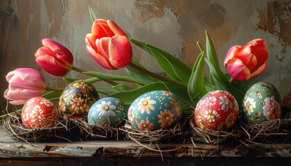 Vibrant Easter eggs nestled in twigs with bright red and pink tulips blooming above.