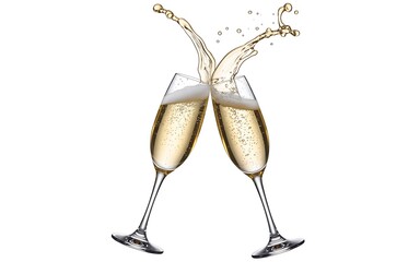Two champagne glasses clinking with a splash of sparkling wine or prosecco, isolated on white background. Realistic 3D illustration for celebration, wedding, New Year, and luxury party concept.
