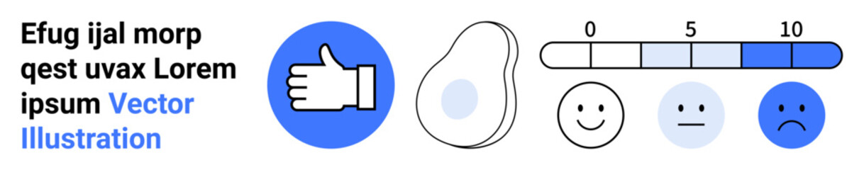 Obraz premium Customer feedback, user satisfaction, evaluation tools, emotional tracking, business ratings, online reviews. Thumbs up icon, emotion scale and 0 to 10 rating bar. User satisfaction and feedback