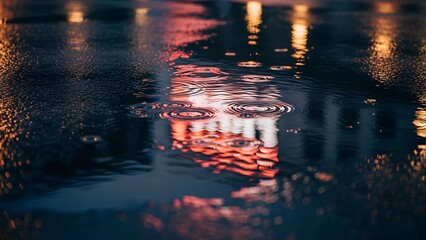 Vibrant reflections of a city building's lights on a wet, dark street surface after rain at night, creating colorful ripples.