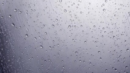 A close-up view of numerous clear water droplets clinging to a smooth, reflective surface, creating a textured and wet appearance.
