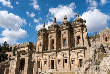 Obraz premium Ancient monumental building ruins with ornate domes under a bright blue