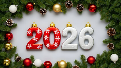 Title: Red and white Christmas ornaments with pine branches and pinecones surrounding the year 2026