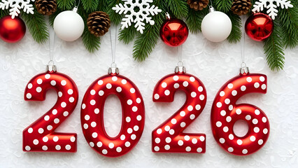 Title: Red and white Christmas ornaments with pine branches and snowflakes surrounding the year 2026