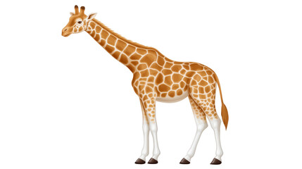 Obraz premium Giraffe standing tall with long neck, brown and white patterned fur, slender legs, and small horns, isolated on transparency background, calm and peaceful expression