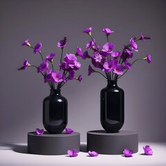 Studio shot of two black vases with flowers, on podiums.