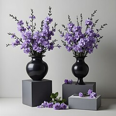 Studio shot of two black vases with flowers, on podiums.