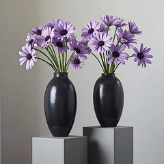 Studio shot of two black vases with flowers, on podiums.