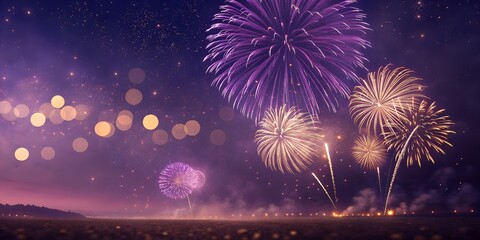 purple Fireworks Display Over Night Lake with Golden Bokeh