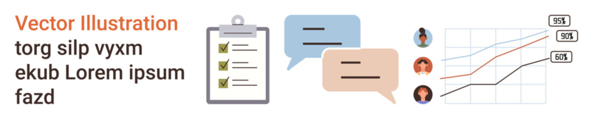 Data analytics, project management, teamwork, business presentations, communication, tracking progress. Clipboard, chat bubbles profile icons graph chart. Data analytics and communication concept