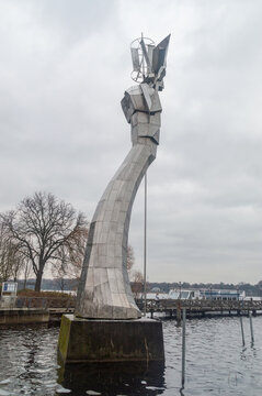 Neuruppin, Germany - November 29, 2025: Parzival at the lake sculpture.
