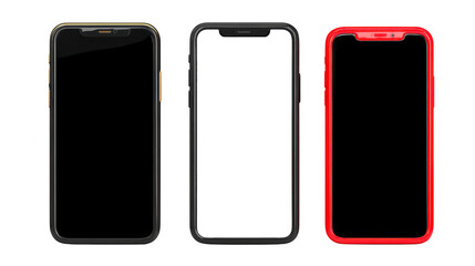Smartphone mobile phone black red modern blank screen isolated digital device technology communication contemporary style three objects front view minimal no display content portable touch screen