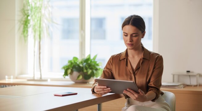 Smiling latin hispanic young woman using pad computer for business app. Busy executive CEO businesswoman professional holding digital tablet pc device for work in modern office. Banner, copy space - Powered by Adobe