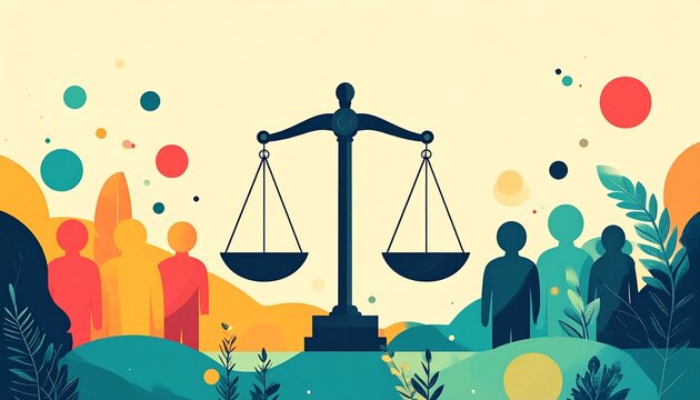 Ilustraci&oacute;n plana de un grupo diverso de personas sosteniendo piezas de rompecabezas bajo una balanza gigante, simbolizando la justicia social y la igualdad.