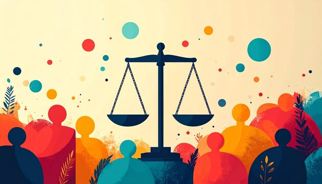 Ilustraci&oacute;n plana de un grupo diverso de personas sosteniendo piezas de rompecabezas bajo una balanza gigante, simbolizando la justicia social y la igualdad.