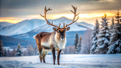 Reindeer standing in snowy landscape with majestic antlers and snow-covered trees in winter mountains