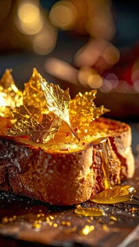 Decadent French toast adorned with shimmering edible gold maple leaves and drizzled with rich syrup.