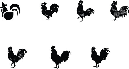 Collection of silhouette rooster graphics on white background © Rubel