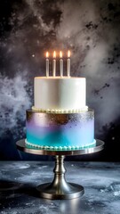 A beautifully decorated birthday cake with four lit candles, ready for a special celebration. The cake has two tiers with stunning color and exquisite details, it sits on an elegant silver stand