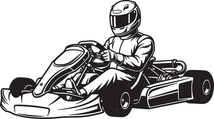 Dynamic black and white of a go-kart racer in full gear, gripping the steering wheel with intense focus, ready for speed also transparent background © Pixel With MH