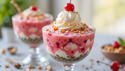  Colorful Surat falooda ice cream in a glass bowl, layers of rose syrup, vermicelli, basil seeds, milk, and vanilla ice cream scoop on top, garnished with nuts and cherries, festive Indian dessert sty