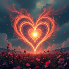 A square symbolic Valentine scene where light emerges from the center forming a heart like aura surr