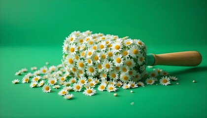 
Paint roller covered with fresh white daisies, creating the visual effect of painting with flowers, symbolic blend of renovation and nature, vibrant green background representing freshness and growth