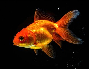 A stunning, highly detailed photograph of a vibrant orange goldfish swimming against a deep black background.