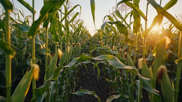 Smooth cinematic dolly movement passing rows of green husked sweet corn cobs still firmly attached to the stalks in a vast agricultural field commercial, rows, green husked sweet corn cobs