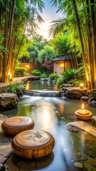 Fototapeta premium Tranquil Asian Garden Scene with Bamboo, Waterfall, and Candlelight at Dusk
