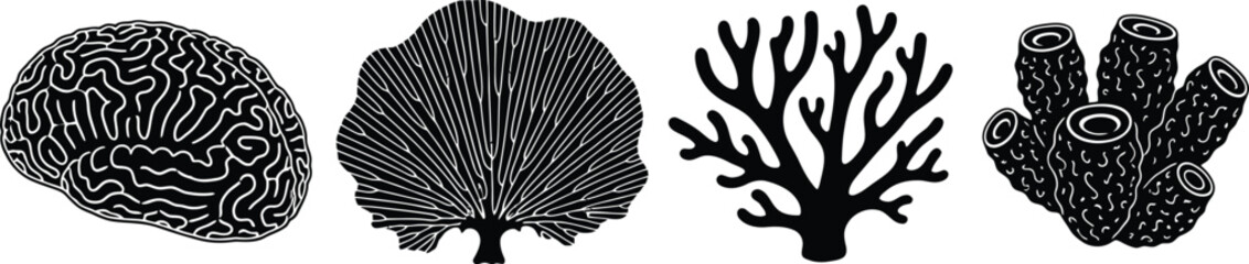 Obraz premium Set of 4 Coral Reef elements silhouette brain coral sea fan staghorn coral and sea sponge