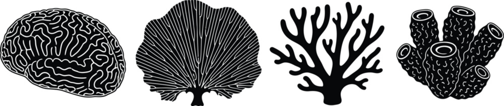 Set of 4 Coral Reef elements silhouette brain coral sea fan staghorn coral and sea sponge