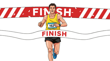 Marathon Runner Crossing Finish Line, Winning Race, Success Concept. Vector Athlete Celebrating Victory, isolated on transparent background, Illustration for Sports and Achievement.